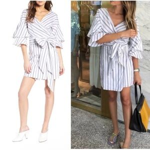 WAYF Women’s Beckett Blue Striped Ruffle Wrap Dress Large Bow Cotton Stretch S‎